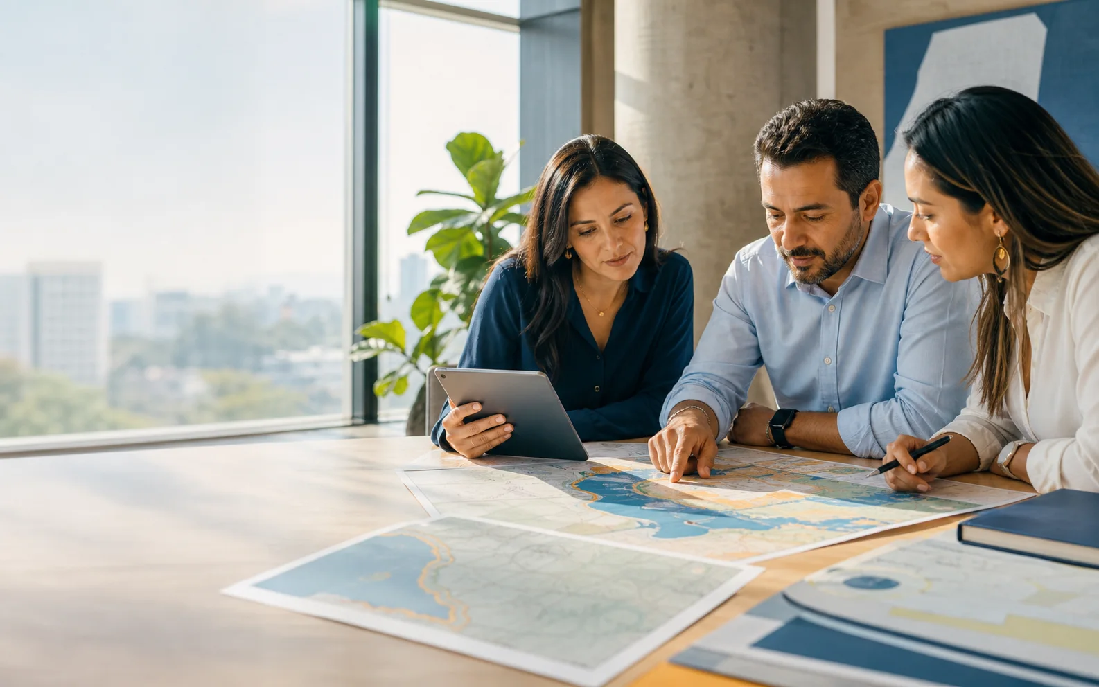 Equipo de profesionales analizando información territorial sobre mapas