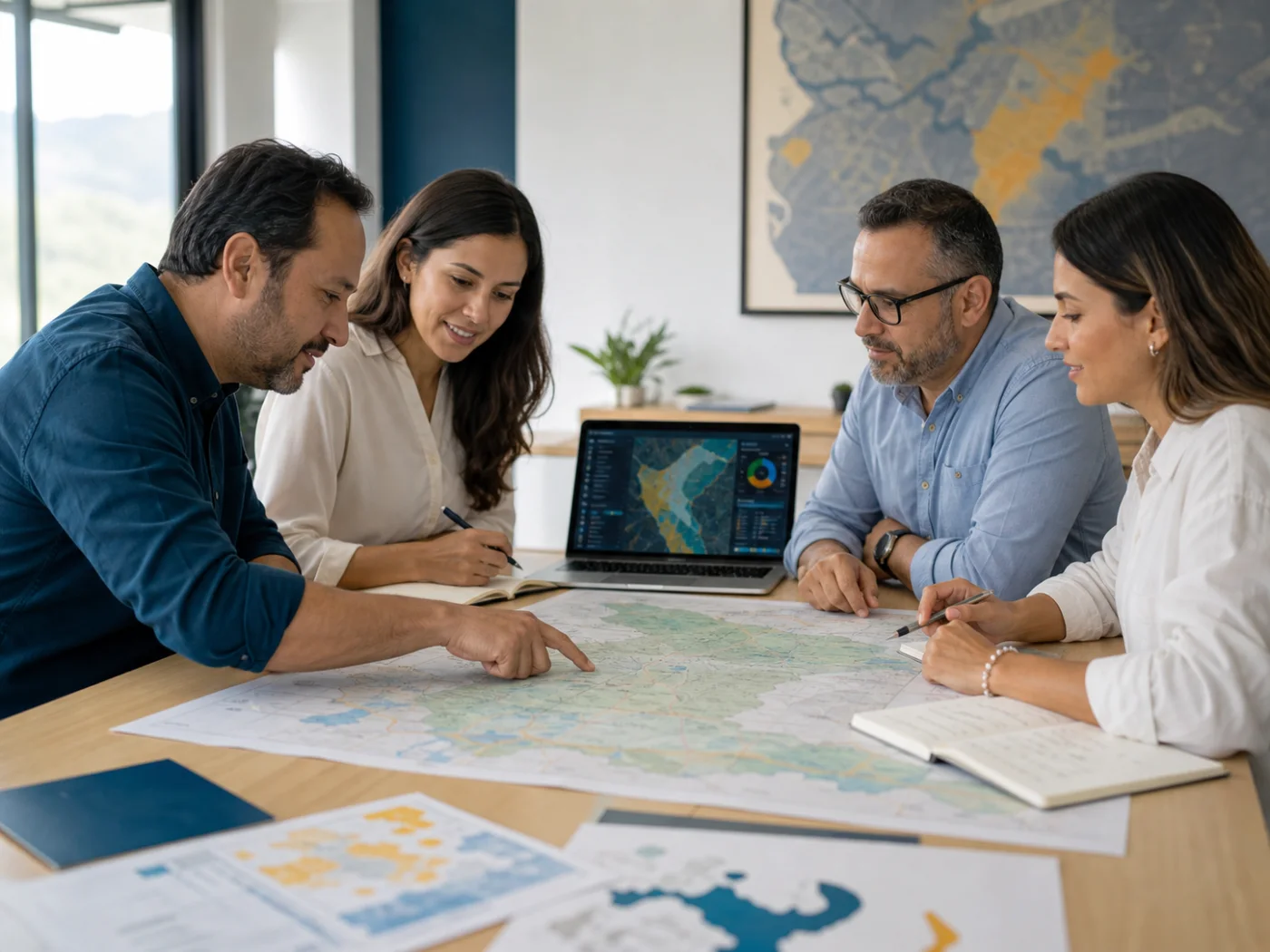 Equipo interdisciplinario colaborando alrededor de mapas e información territorial