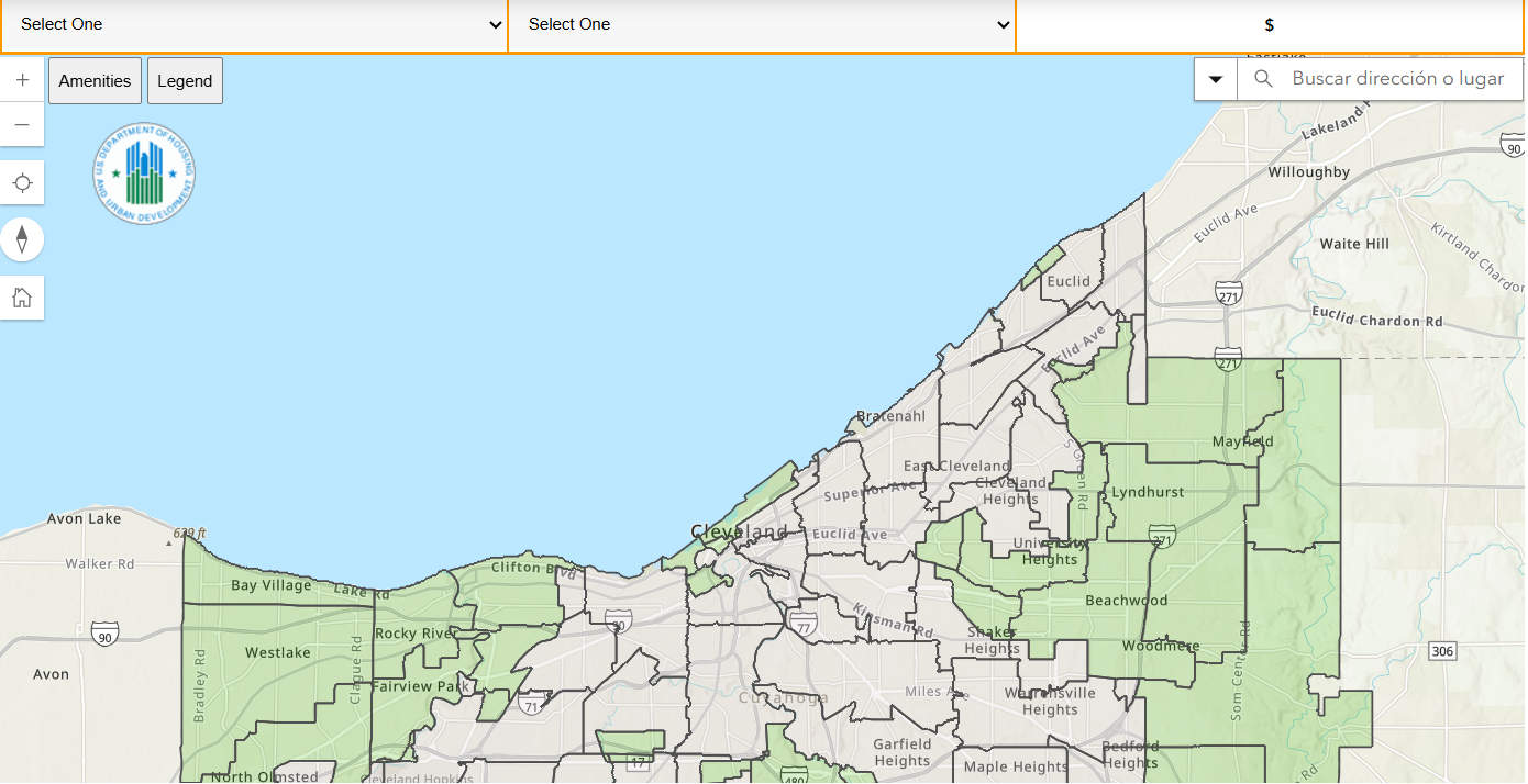 Address Locator Tool: mapa interactivo del condado de Cuyahoga (Cleveland, Ohio) con las zonas de oportunidad resaltadas, desarrollado para la Community Choice Demonstration del HUD