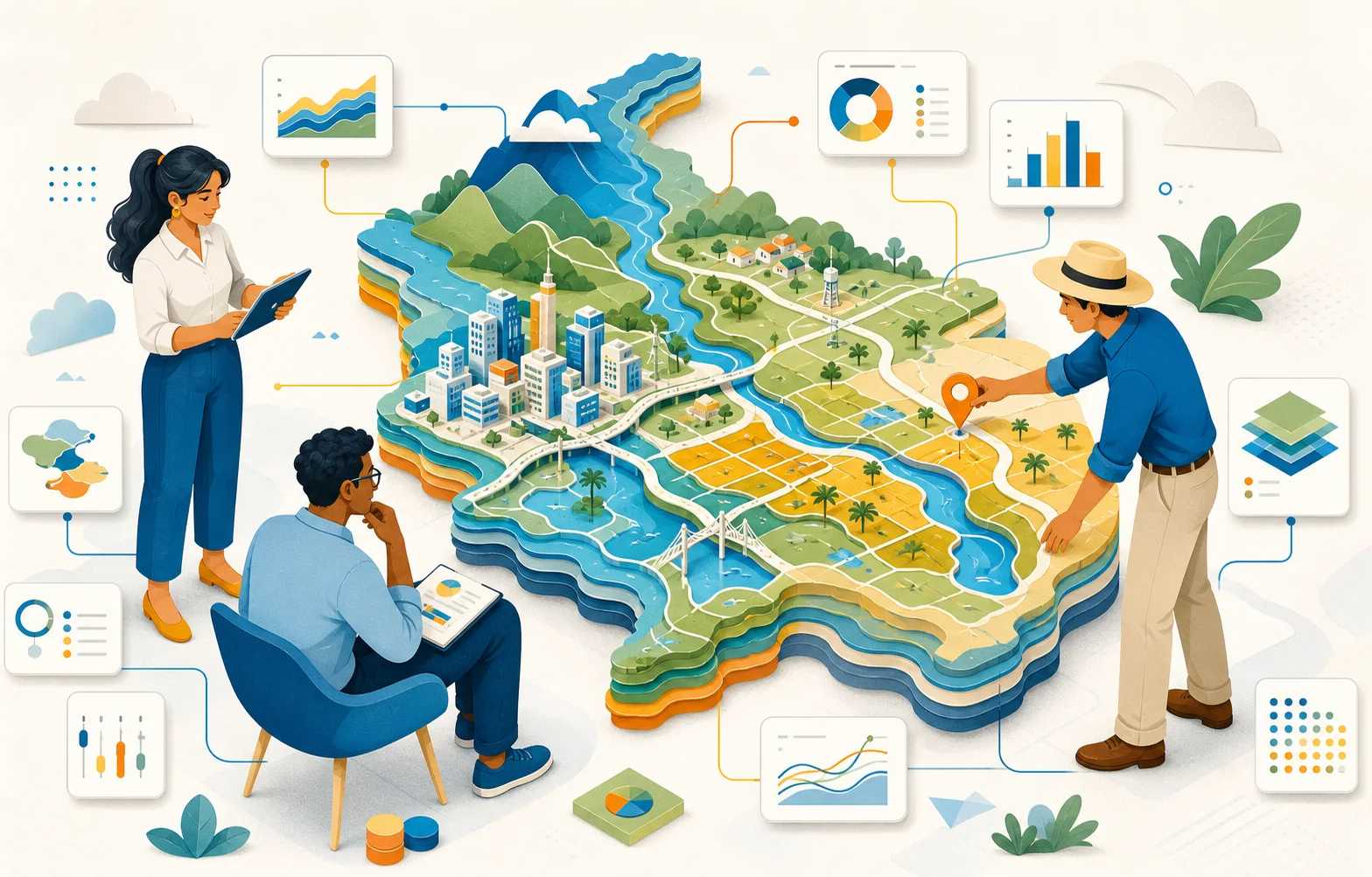 Ilustración de una solución que integra territorio, mapas e indicadores